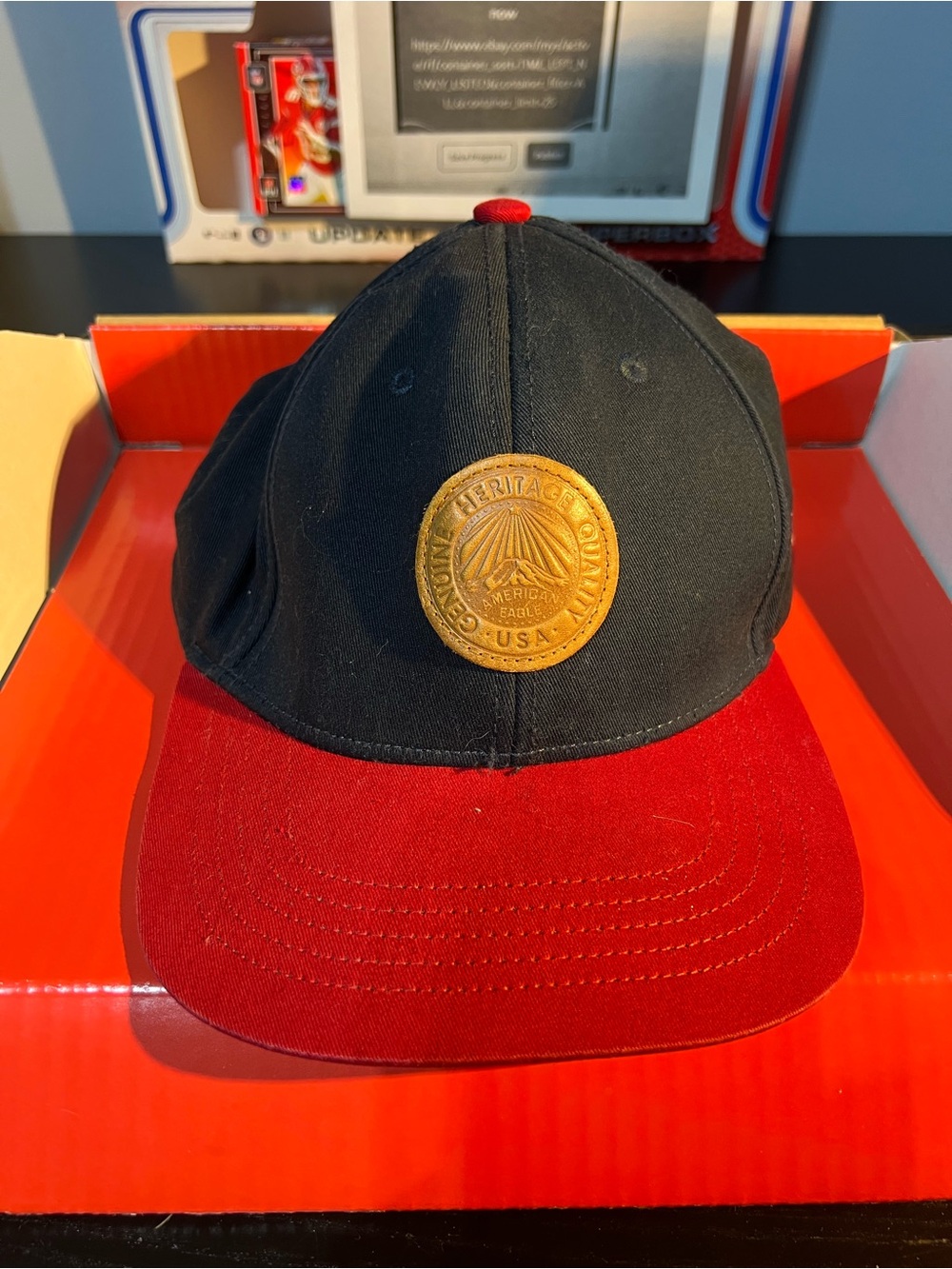 American Eagle Outfitters Black and Red Leather Patch Baseball Hat